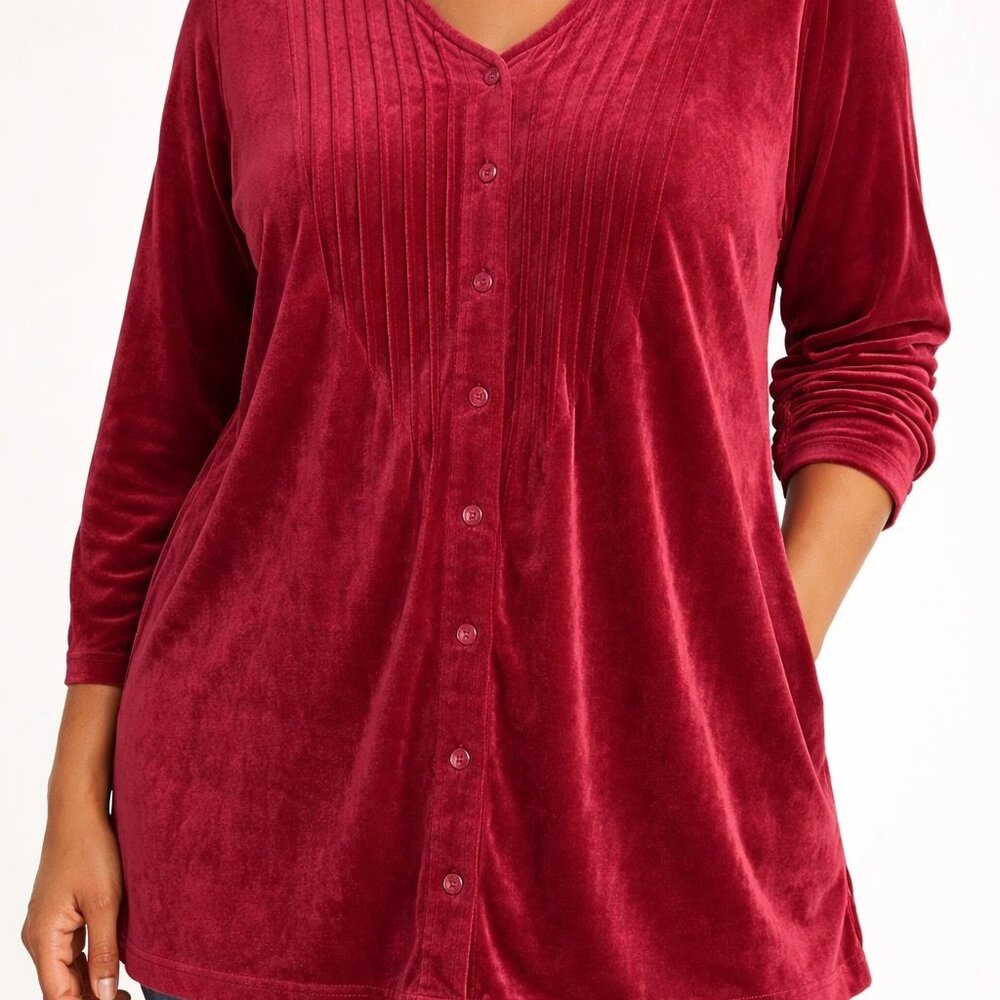 Woman‎ Within Red Velour Button Up Shirt Dress Women’s Size L 18/20